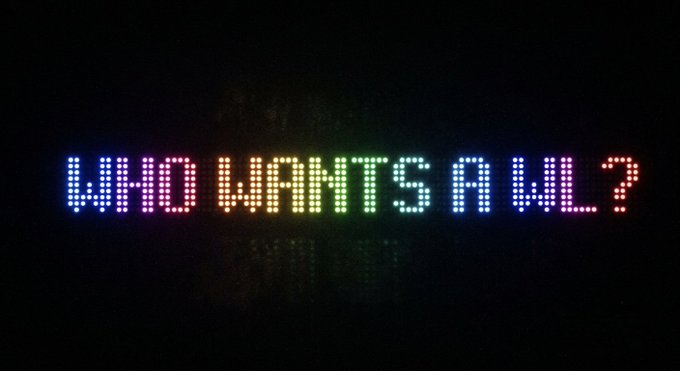 The image displays the phrase "WHO WANTS A WL?" illuminated in colorful, rainbow-gradient LED lights against a dark background. This serves as an attention-grabbing hook for a promotional post featuring crypto project names (Robinwif, Saudis, NTRPY, etc.), inviting viewers to secure whitelist spots for upcoming NFT drops like Cashmere, Unvault, Blokyz, Hollows, and Bandits.