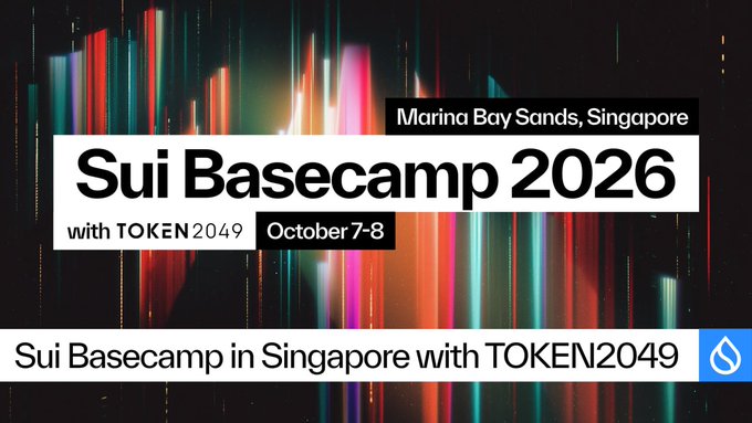 A vibrant promotional banner for "Sui Basecamp 2026" held on October 7-8 at Marina Bay Sands, Singapore, co-hosted with TOKEN2049, featuring colorful vertical light streaks against a dark background with the Sui logo in the bottom corner. The announcement highlights how this event brings together key players in AI, crypto, and finance to explore the emerging agentic economy.