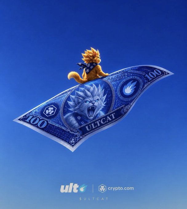 Promotional artwork for ULTCAT (Crypto.com) showing a golden cat character riding a blue $100 bill-themed paper plane featuring a roaring cat.