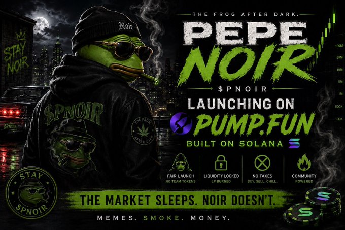 A dark, noir-style Pepe the Frog graphic advertises the $PNOIR (Pepe Noir) meme coin, launching on Pump.fun and built on Solana, with claims of fair launch, locked liquidity, no taxes, and community power. The text “The market sleeps. Noir doesn’t” and “No fake” reinforce the accompanying post’s focus on a recognizable, community-built brand rather than a short-lived coin.