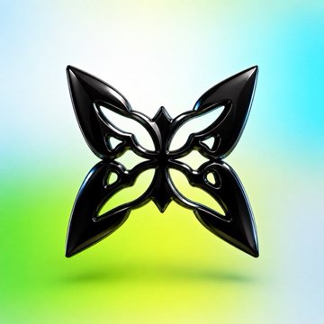 The image features an abstract butterfly design, which is black in color with intricate patterns. The butterfly appears to be floating or hovering above a green background, giving it a 3D effect. The butterfly's position and the surrounding environment create a sense of depth and dimensionality.