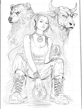 A detailed pencil sketch shows a seated woman with flowing hair and combat boots, flanked by a bear on the left and a bull on the right, holding a Bitcoin medallion.