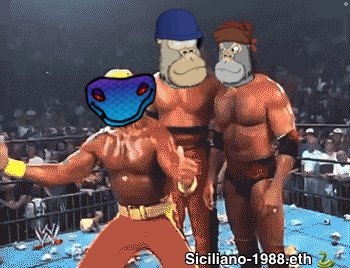 The image features a man with a blue hat, dressed as a gorilla, standing next to two other men who are also wearing gorilla costumes. The background of the image shows a wrestling ring filled with spectators watching the event. The caption of the image reads "Im a $SNEK since day one and I love my #SnekArmy brothers just like I love @goofy_crisp and @CardanoRami".