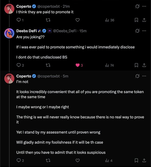 A Twitter exchange where user @copertxbt suggests 'I think they are paid to promote it,' and @Deebs_DeFi responds defensively, 'Are you joking?? If i was ever paid to promote something i would immediately disclose...'