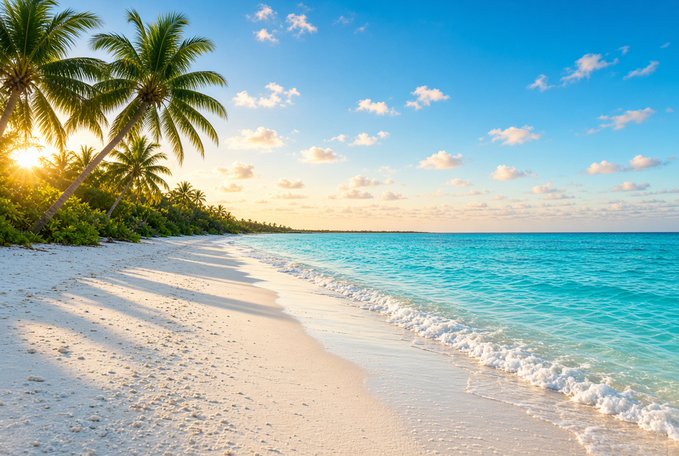 A tropical beach photograph featuring turquoise ocean water, white sand, lush green palm trees on the left, and a partly cloudy blue sky during golden hour.