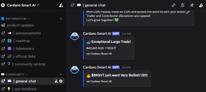 A Discord server interface for 'Cardano Smart AI' showing the general chat with bot messages about trading, including 'Exceptional Large Trade!' for ₳40,461 ADA and a bullish signal for NIGHT.