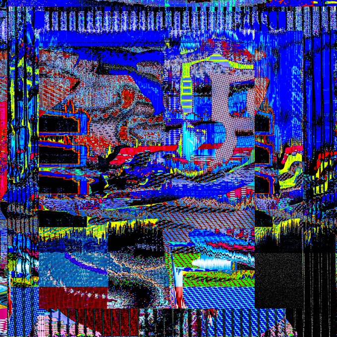 Glitchy, abstract digital artwork with vibrant blue, red, yellow, and green colors featuring distorted patterns and shapes.