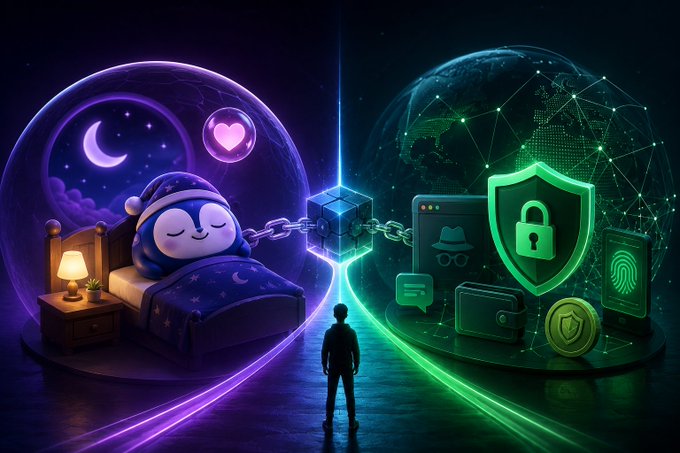 A digital illustration showing a small figure standing between two glowing bubbles: one purple bubble contains a sleeping character in a bed, and the other green bubble contains digital security icons like a shield, padlock, and fingerprint.