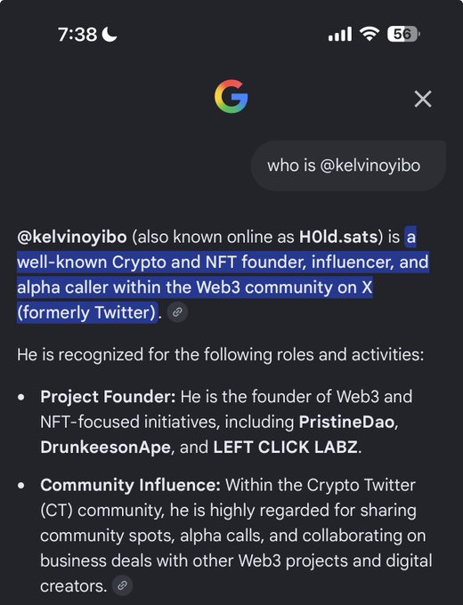 A Google search result for "who is @kelvinoyibo" describes him (also known as HOLd.sats) as a "well-known Crypto and NFT founder, influencer, and alpha caller within the Web3 community on X," with the highlighted text supporting the post's proud reaction to being recognized in the Web3 space.