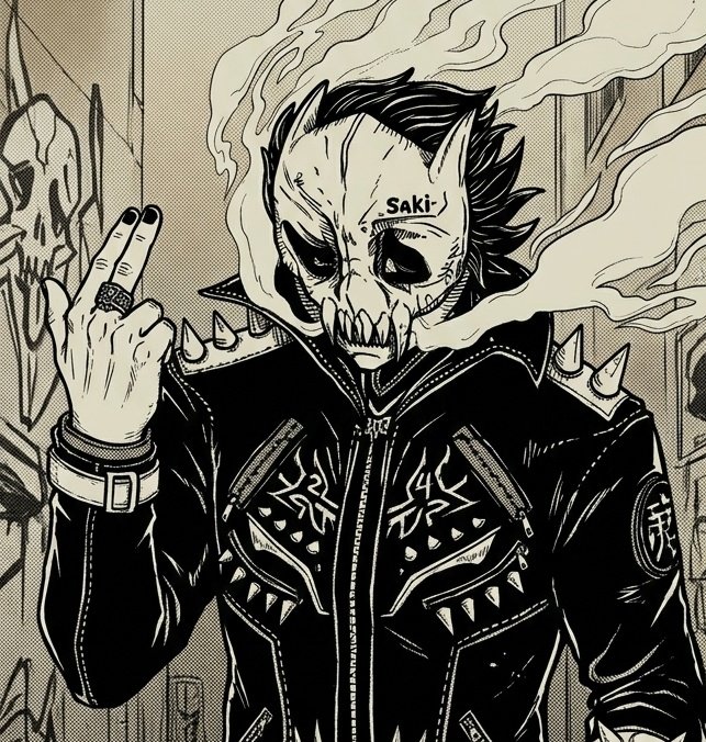 A black-and-white illustration of a punk-styled character wearing a spiked leather jacket and a skull mask labeled 'SaKi', flashing a peace sign with a ringed hand.