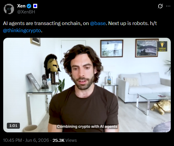 The image shows a man wearing a brown shirt sitting in front of a couch with a coffee table nearby. The image also contains text that reads "XenBH @strikerobot_ai", which could be a part of the post's title or a caption, and it is written in a Twitter-like format.