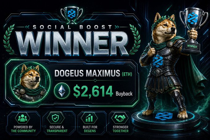 An illustration of a dog wearing armor with a banner that reads "Social Boost Winner" above it. The banner also displays a photo of the dog holding a trophy, which has been won by someone named Dogeus Maximus. The text on the post says that our latest four buybacks for Social Boost winners have been completed this week.