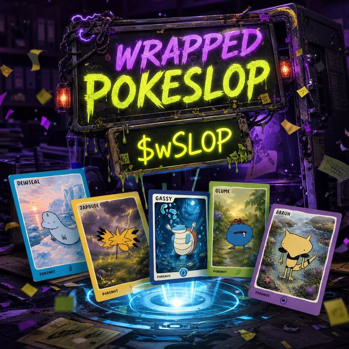 A neon sign reading 'WRAPPED POKESLOP $WSLOP' glows above five trading cards featuring cartoon creatures labeled 'DEWSEAL', 'ZAPOUCE', 'GASSY', 'GLUME', and 'ABRUH'.