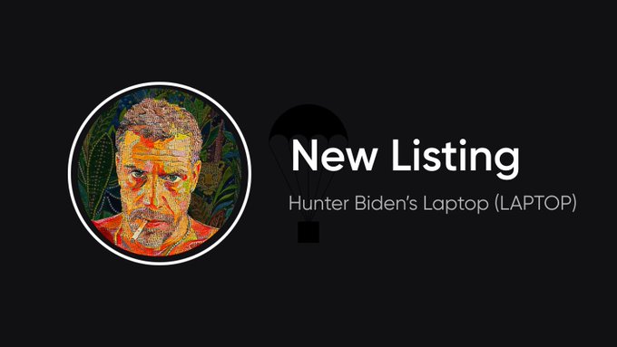 A graphic announcing a 'New Listing' for 'Hunter Biden's Laptop (LAPTOP)' cryptocurrency, featuring a stylized colorful portrait of Hunter Biden in a circular frame next to a black parachute icon on a dark background.