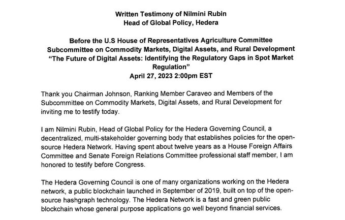 A document titled 'Written Testimony of Nilmini Rubin, Head of Global Policy, Hedera' presented before the U.S House of Representatives Agriculture Committee Subcommittee on April 27, 2023, discussing the future of digital assets and spot market regulation.