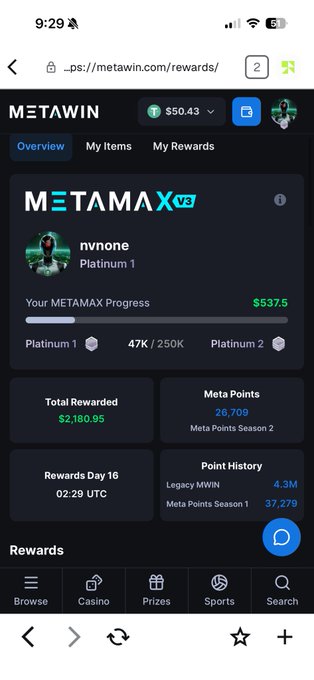 A mobile screenshot of the "METAWIN" rewards page showing a user profile "nvnone" at Platinum 1 with $537.75 progress, total rewarded $2,180.95, and 26,709 Meta Points.