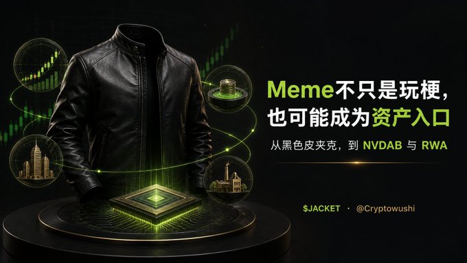 A graphic featuring a black leather jacket with Chinese text reading 'Meme不只是玩梗,也可能成为资产入口' (Meme is not just a joke, it could become an entry point to assets), mentioning NVDAB and RWA, with $JACKET and @Cryptowushi credited.