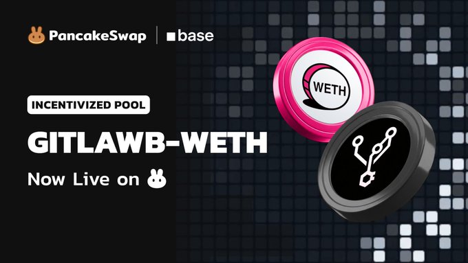 The image features a poster for PancakeSwap's new incentivized pool, which allows users to earn rewards by participating in the pool. The poster includes two coins, one pink and one black, floating above text that reads "GITLAWB-WETH" and "WETH/GITLAWB pool rewards on @base just got extended. Provide liquidity and stack double rewards: $CAKE from PancakeSwap + $USDC from @gitlawb , via @merkl_xyz". The poster also includes a link to the PancakeSwap app, which can be used to earn more rewards by participating in the pool.