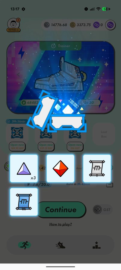 A mobile screenshot of the STEPN app displays an open Loot Box earning a Trainer NFT sneaker, with 7.6/20.0 GMT earned and a 2h 42min Relicin timer, while a glowing shoe box overlay and the post's mention of "MB5 =~ 12,500 GMT" suggests the unboxed Mystery Box tier is valued at approximately 12,500 GMT tokens.