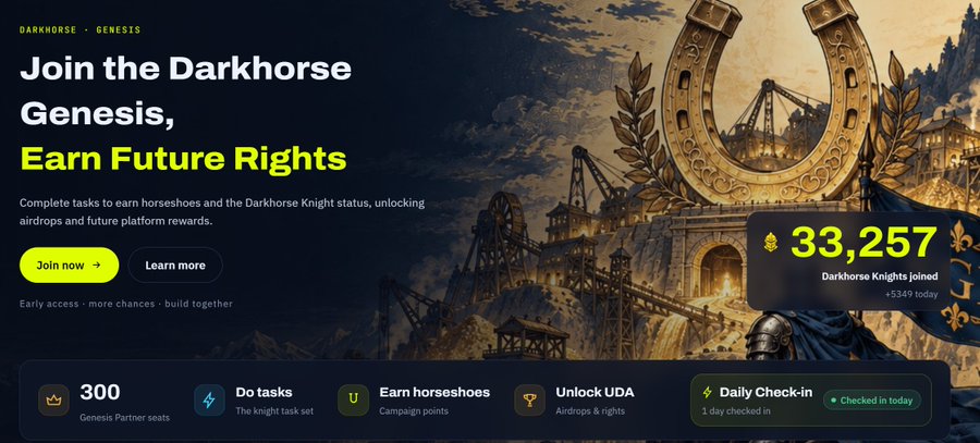 Promotional webpage for the 'Darkhorse Genesis' campaign advertising 33,257 Darkhorse Knights joined and offering future rights rewards through completing tasks.