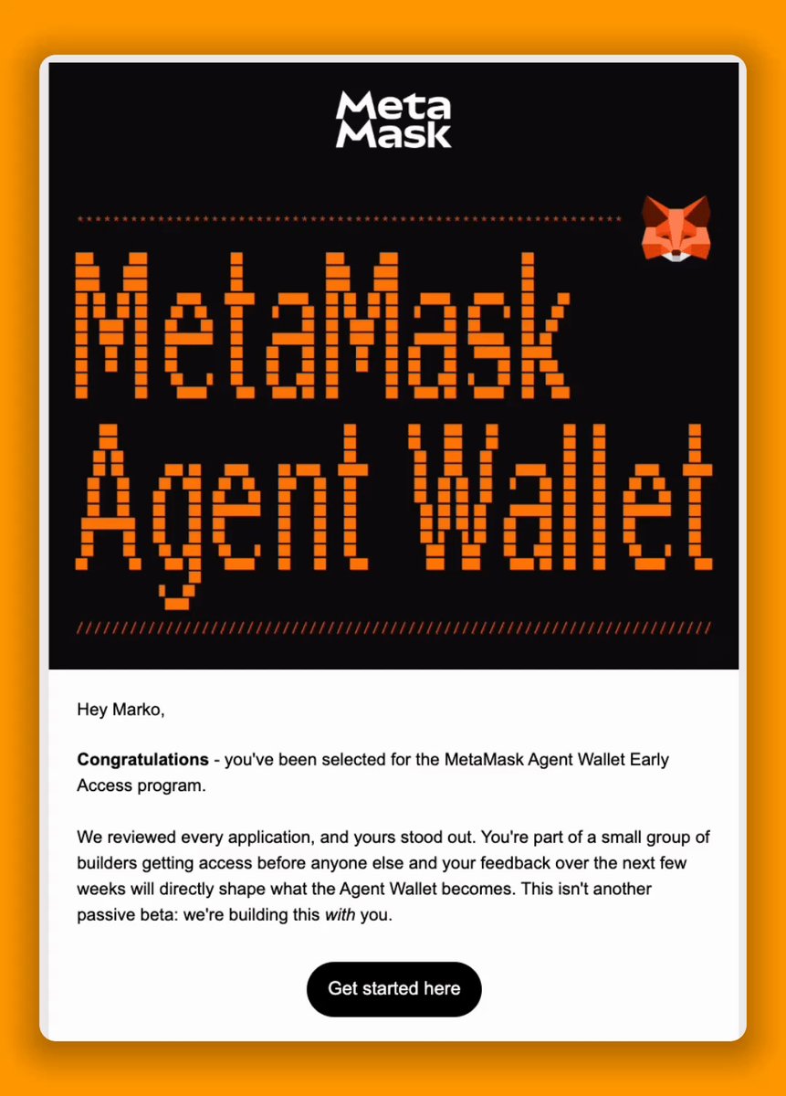 The image features a black and orange email invitation for a new MetaMasking Agent Wallet application, which has been selected by the developer. The email includes an attached document that outlines the requirements of the application, such as the number of users or the amount of time needed to complete the process. The post also mentions that the application is available on RivrDEX and can be accessed for free with a few clicks.
