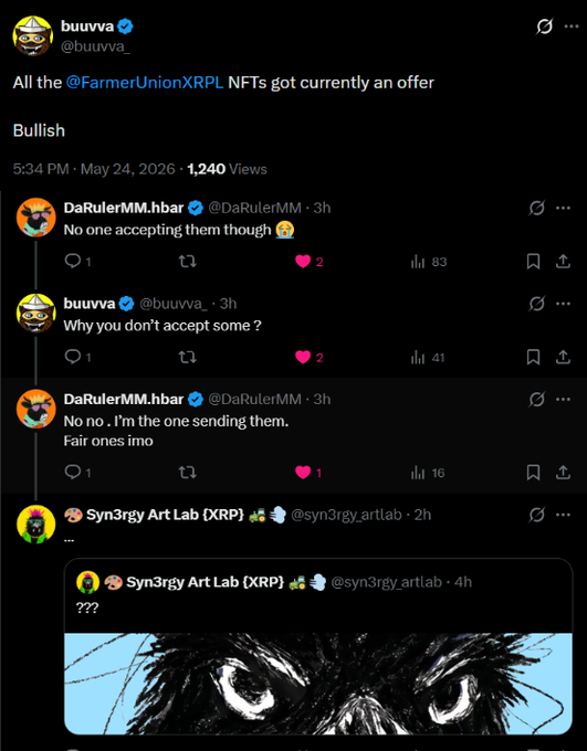 urnbua's Twitter account displays a conversation with multiple users, including a farmer union member and a DALIERM MHAAR, discussing the recent offer of $12,000 for a stock.