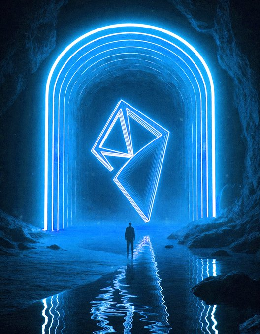 A lone figure stands before a glowing neon gateway featuring the $NFT symbol, symbolizing AINFT's role as the bridge connecting autonomous AI agents to decentralized identity on the TRON blockchain.