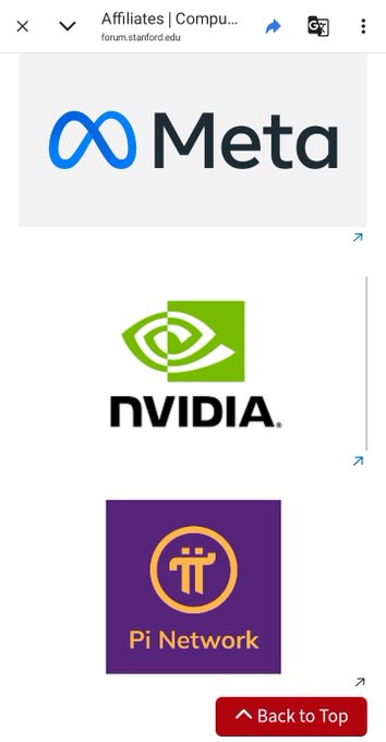 The image shows logos of three companies on a Stanford forum page: Meta, NVIDIA, and Pi Network. It supports the post's claim by visually placing Pi Network alongside established tech giants like Meta and NVIDIA as an affiliated company of Stanford, countering accusations that Pi Network is a scam.