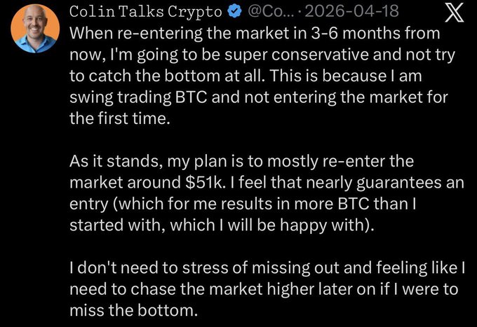 A tweet from Colin Talks Crypto (@Co...) dated April 18, 2026, outlines his plan to re-enter the Bitcoin market around $51k in 3-6 months, avoiding the stress of trying to time the bottom. The accompanying post criticizes this cautious approach, arguing that the "just buy and hold" philosophy would have already benefited from holding through the dip.