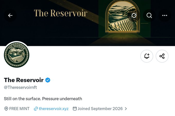 A Twitter/X profile page for 'The Reservoir' (@Thereservoirnft) with a verified blue checkmark, tagline 'Still on the surface. Pressure underneath', marked as FREE MINT, linking to thereservoir.xyz, joined September 2026.