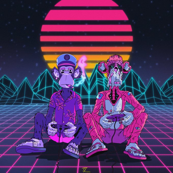 A vaporwave-style illustration of two anthropomorphic monkey characters sitting in front of a retro sunset graphic and neon wireframe mountains, holding video game controllers.
