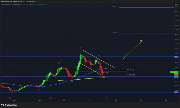 A TradingView daily candlestick chart of $WYFI (Wheaton) shows a wave pattern analysis with a completed three-wave pullback to the 0.618 Fibonacci retracement ($24.23) near the 200-day moving average, from which price has bounced to ~$29, with a projected Wave 3 target at $85.13 marked by a yellow arrow.