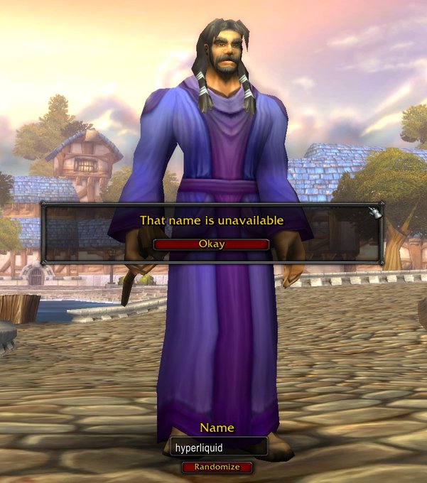 A World of Warcraft character creation screen displays the error message "That name is unavailable" with the input "hyperliquid" in the name field. The post references someone else having already claimed the name "hyperliquid," explaining why the character creator won't allow its use.