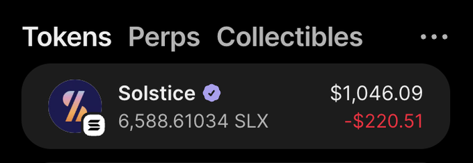 A crypto wallet display showing a 'Solstice' token with 6,588.61034 SLX holding a value of $1,046.09, down $220.51 for the day, under tabs for Tokens, Perps, and Collectibles.