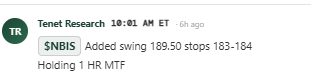 The image is a Tenet Research notification (timestamped 10:01 AM ET, 6h ago) stating "$NBIS Added swing 189.50 stops 183-184 Holding 1 HR MTF," indicating a bullish swing trade setup on the $NBIS ticker with defined stop-loss levels, which aligns with the post highlighting a Power Hour setup based on the 1-hour momentum trend following cloud indicator before reducing exposure ahead of earnings.