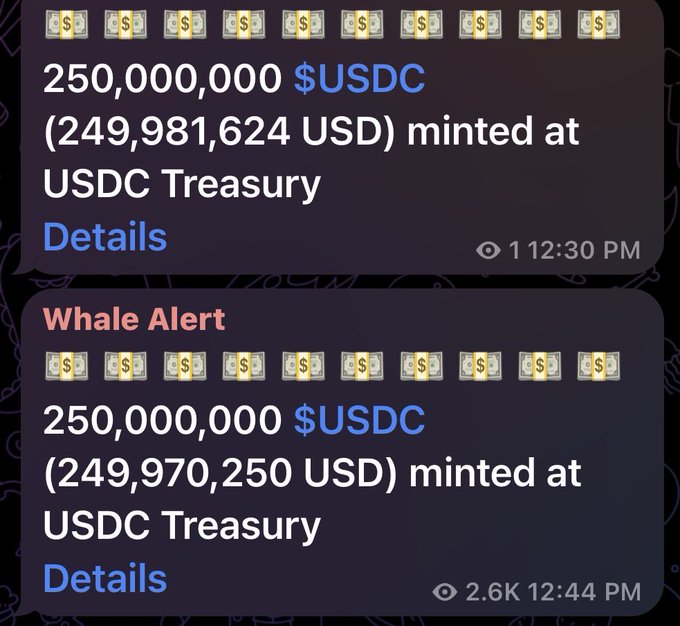 A screenshot of two Whale Alert Telegram messages reporting that 250,000,000 USDC (approximately $249.98M and $249.97M USD) was minted at the USDC Treasury at 12:30 PM and 12:44 PM, visually supporting the post's claim of an additional $250 million in new USDC liquidity being issued.