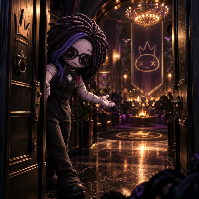A digital artwork of a stitched voodoo-doll-like figure with X-shaped button eyes, purple-streaked dark hair, and a formal vest, peeking through ornate dark doors into a lavish chandelier-lit banquet hall.