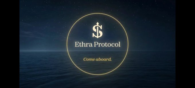 A dark blue background with stars shows a logo for "Ethra Protocol" with the text "Come aboard." beneath it.