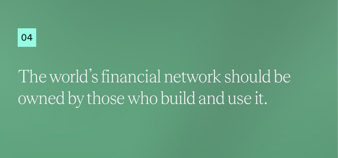 A minimalist green graphic with the text '04' in a small box and the quote 'The world's financial network should be owned by those who build and use it.'