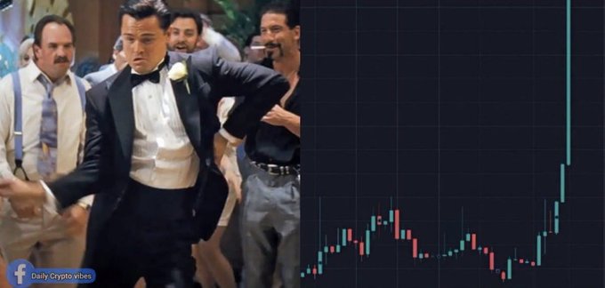 A split image showing Leonardo DiCaprio dancing in a tuxedo from 'The Wolf of Wall Street' on the left, and a rising cryptocurrency price chart on the right, watermarked with 'Daily Crypto Vibes'.