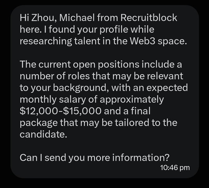 A text message screenshot addressed to 'Zhou' from 'Michael from Recruitblock' recruiting for a Web3 position with a salary of $12,000-$15,000 per month.