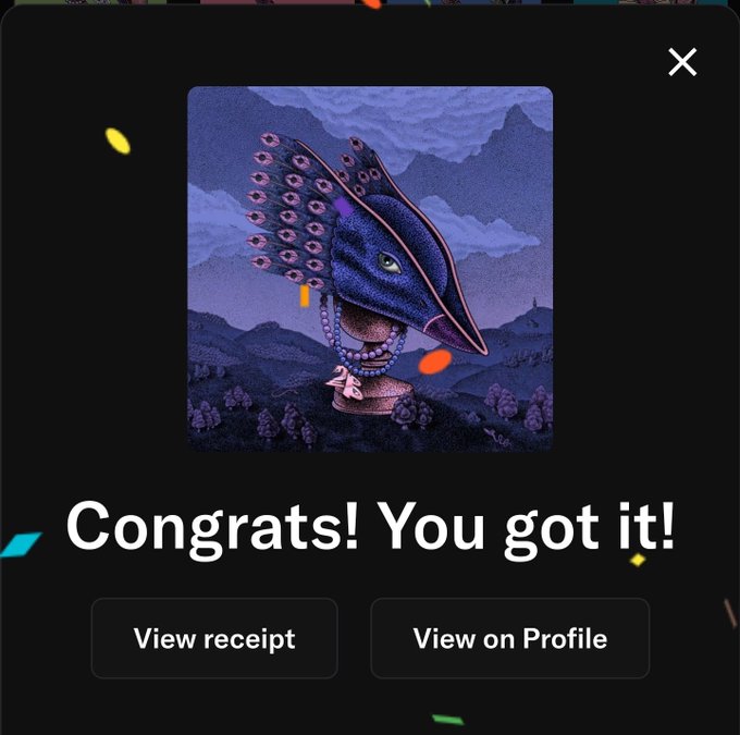 The image shows a screenshot of an online store page, specifically focusing on a picture of a peacock head with a necklace around its neck. The text "Congratulations! You got it!" is displayed above the peacock head photo, indicating that the user has successfully made a purchase or completed some other action related to the peacock-themed item they chose.

The store page also features two buttons: one labeled "View receipt" and another labeled "View profile". These buttons provide options for users to view their transaction details and personal information about the product, respectively. The image of the peacock head with a necklace is placed in the upper right corner of the screen, drawing attention to the item being sold or purchased by the user.