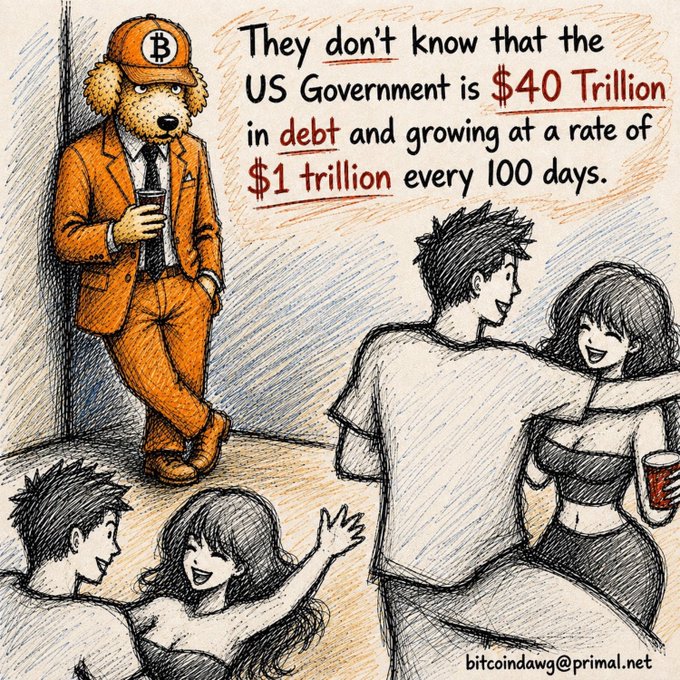 A hand-drawn illustration featuring a bear in an orange suit and Bitcoin cap standing apart from a partying couple, with text reading: "They don't know that the US Government is $40 Trillion in debt and growing at a rate of $1 trillion every 100 days."