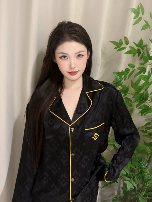 A portrait of a young woman with long dark hair wearing a black satin pajama top with gold trim and a small Binance logo on the chest pocket, standing next to green plants.