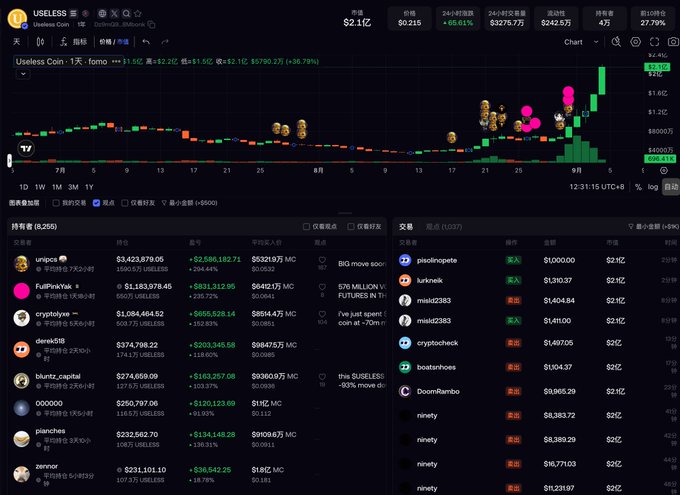 A cryptocurrency tracker interface displays the USELESS Coin price at $2.1 with a 66.61% gain, showing a trading chart and holder rankings including top wallets like unipcs and FullPonyXbt.