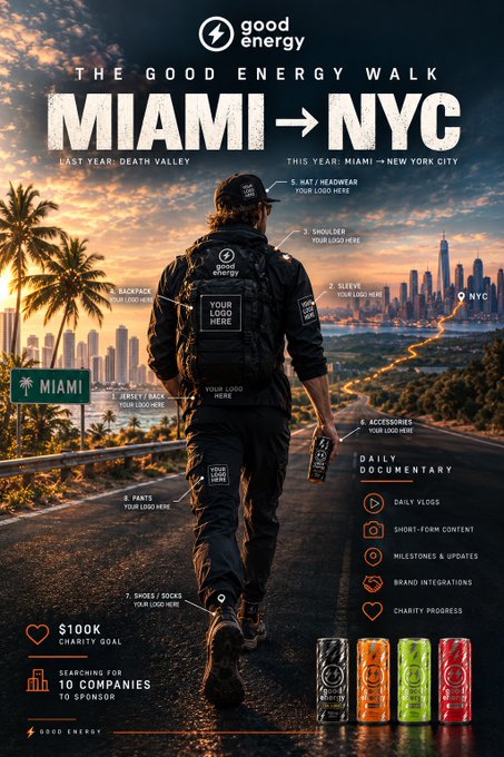 A promotional poster for 'The Good Energy Walk' from Miami to NYC, showing a person walking toward the NYC skyline, with sponsorship details and $100K charity goal.