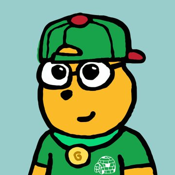 A cartoon illustration of an orange character wearing a backwards green cap, round glasses, a green shirt with a 'G' necklace, and what appears to be a treasure chest logo.