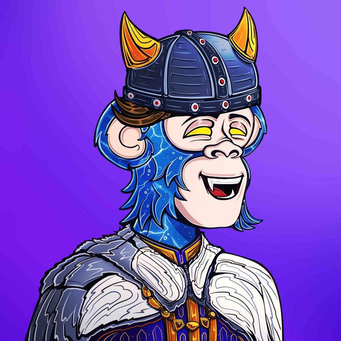 Digital cartoon illustration of a blue monkey-like character wearing a horned samurai helmet and fur-lined armor, smiling against a purple background.