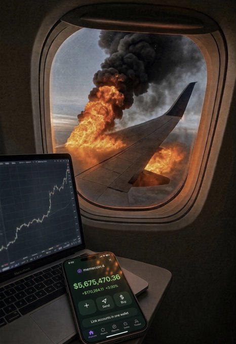 A dramatic scene from an airplane window showing an engine on fire with thick black smoke, while inside the cabin a laptop displays a crashing stock chart and a phone shows a meme coin balance of $5,675,470.36.