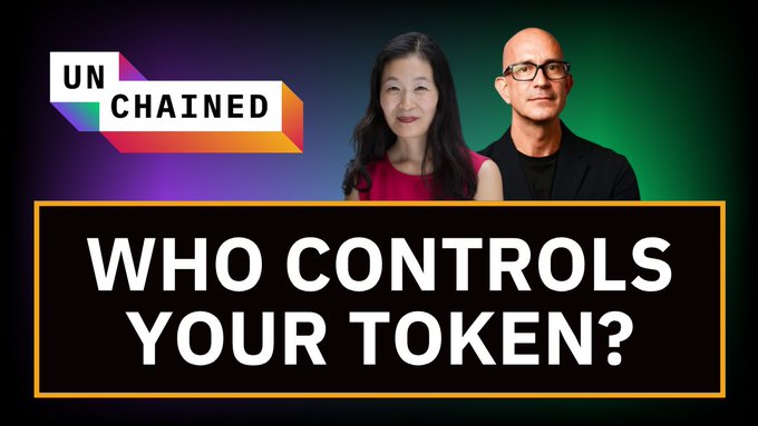 The image is a promotional graphic for "Unchained" featuring hosts Laura Shin and a co-host, with bold text reading "WHO CONTROLS YOUR TOKEN?" — visually reinforcing the episode's theme of discussing tokenized stock oversight, transfer agents, and insider-trading concerns raised by guest Carlos Domingo.